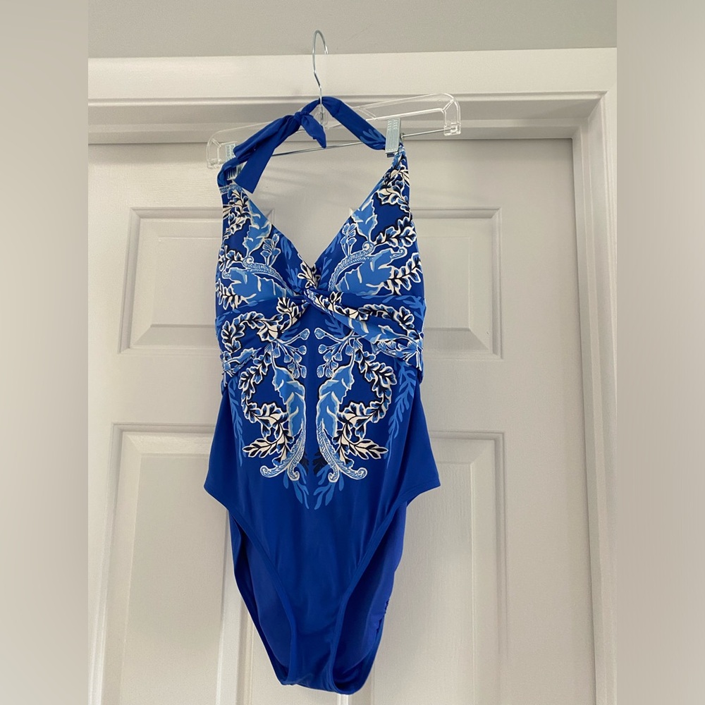 Blue Halter Swimsuit with White Embroidery